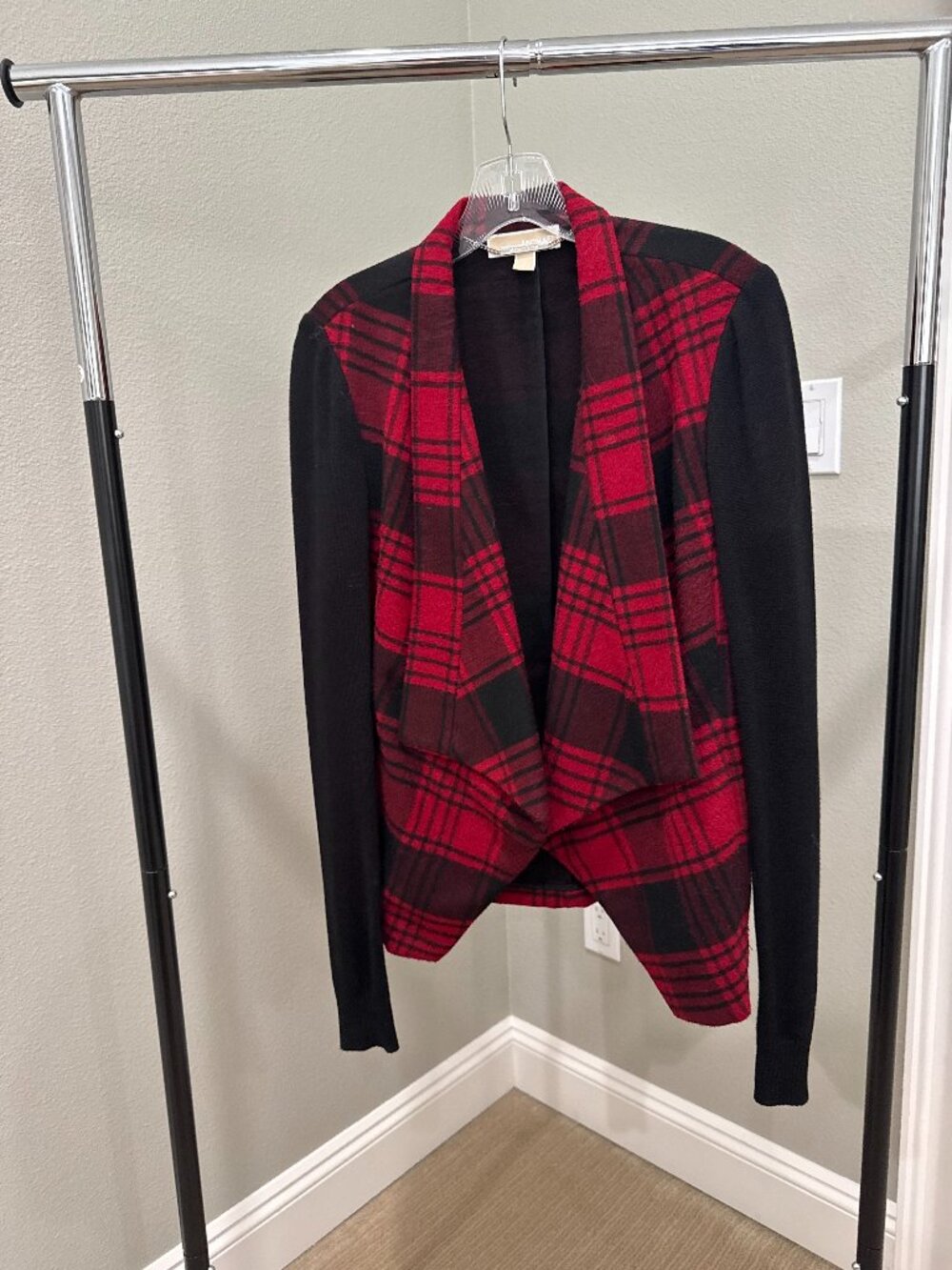 Michael Michael Kors Red Plaid Open Front Cardigan Sweater